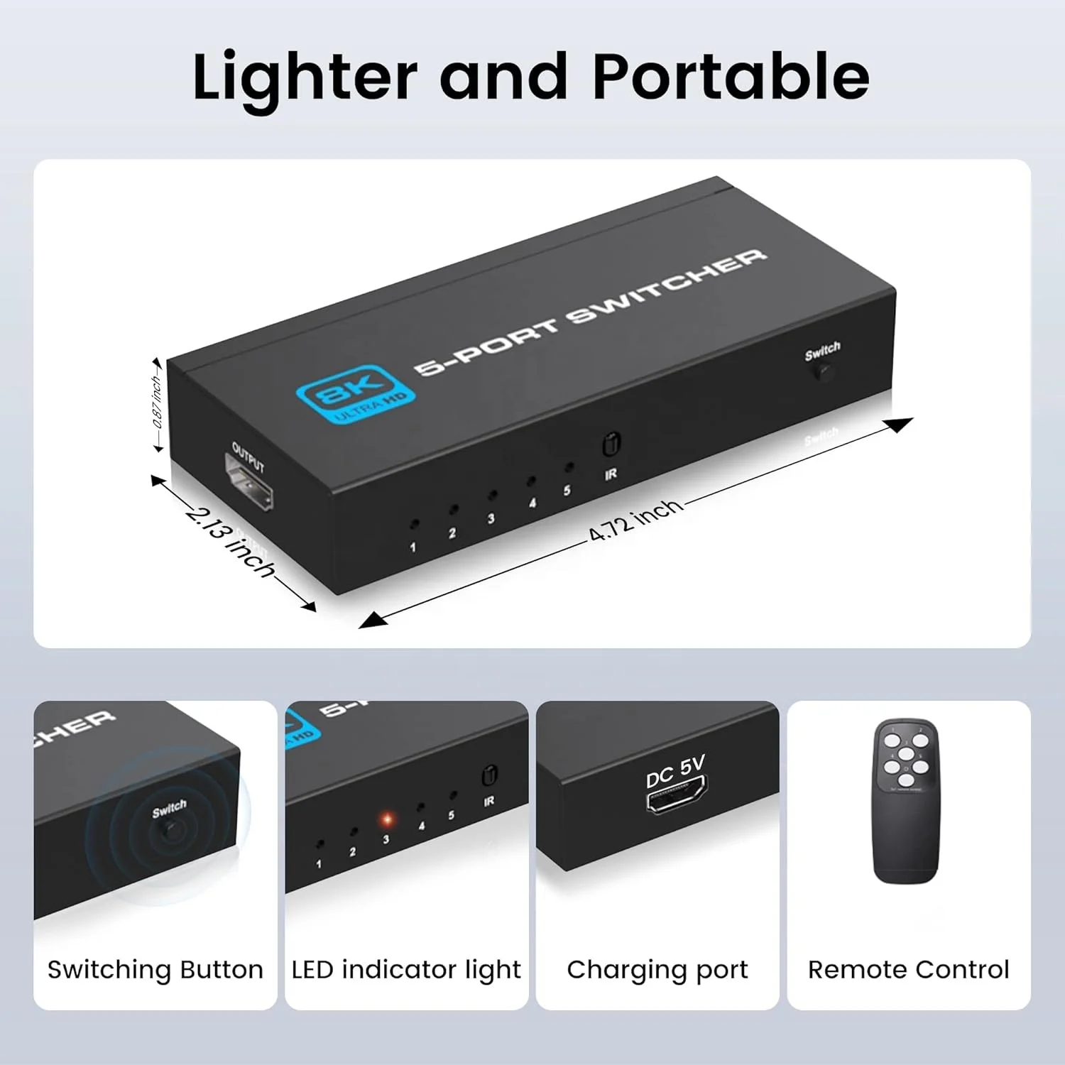 HDMI Switch Splitter 5 In 1 Out HDMI Switcher Supports 8K 4K Full HD1080p 3D With IR RF Remote For PS4 Xbox Blu-Ray Player