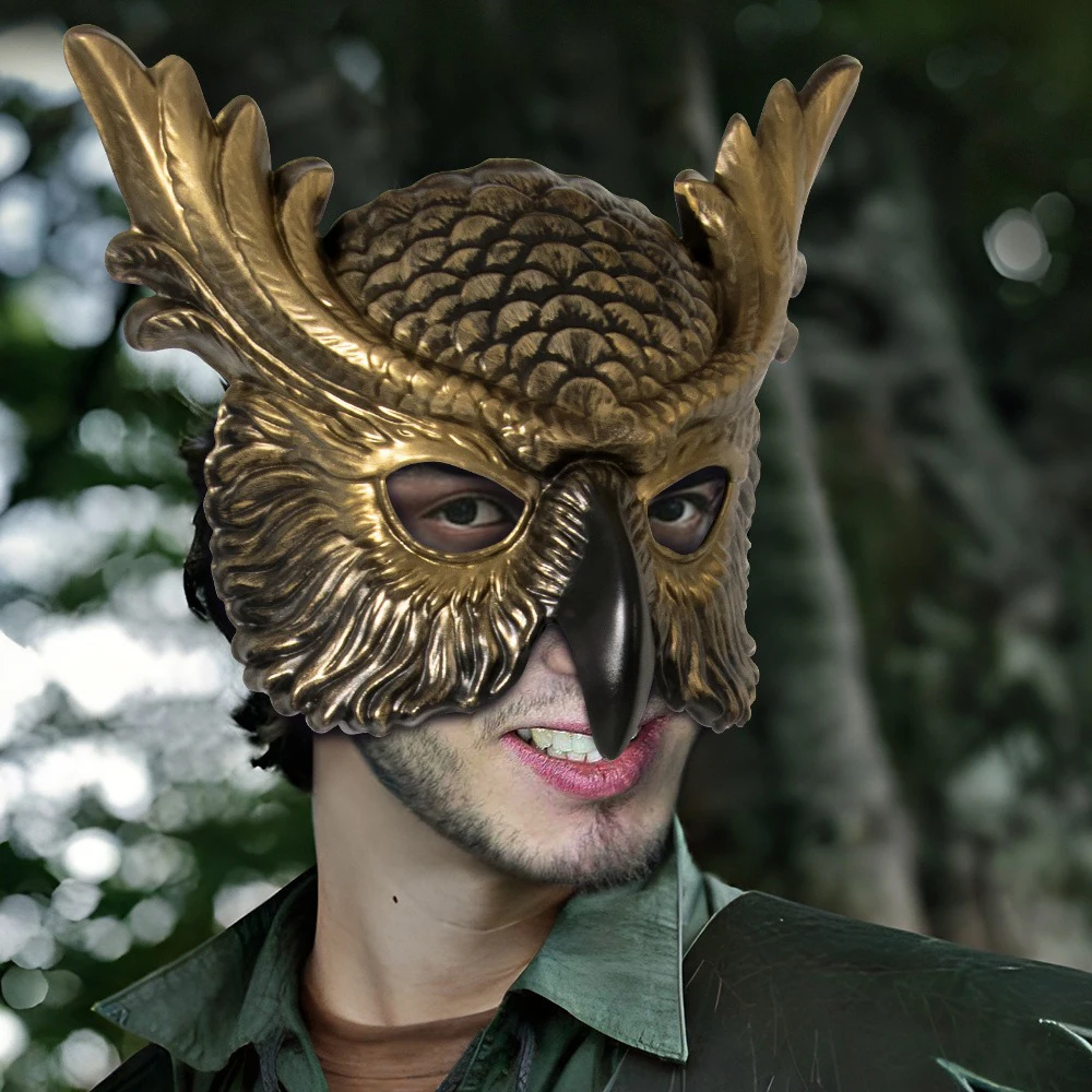 Realistic Owl Mask Detailed Feathers Latex Animal Cosplay Costume Halloween Party Mask Forest Bird Predator Mask for Kids Adults