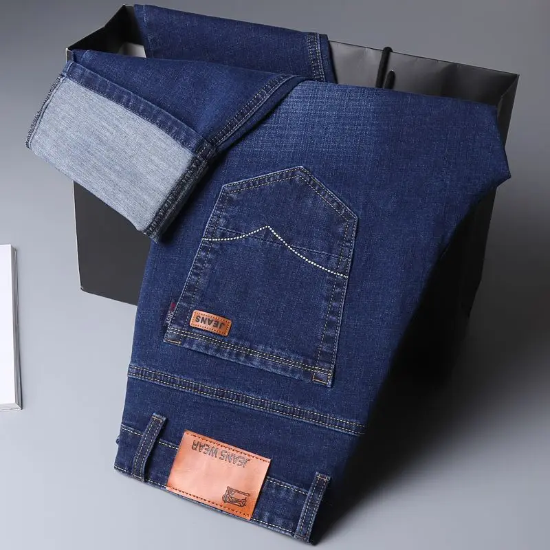 

Джинсовые повседневные брюки, эластичные прямые мужские брюки, осенние и зимние толстые мужские нежелезные деловые брюки для молодежи и среднего возраста