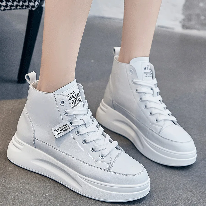 Koznoy Women Shoes High Top Platform Leather White Shoes Female Spring Leather Fashion Sneakers Women Winter Shoes Boots