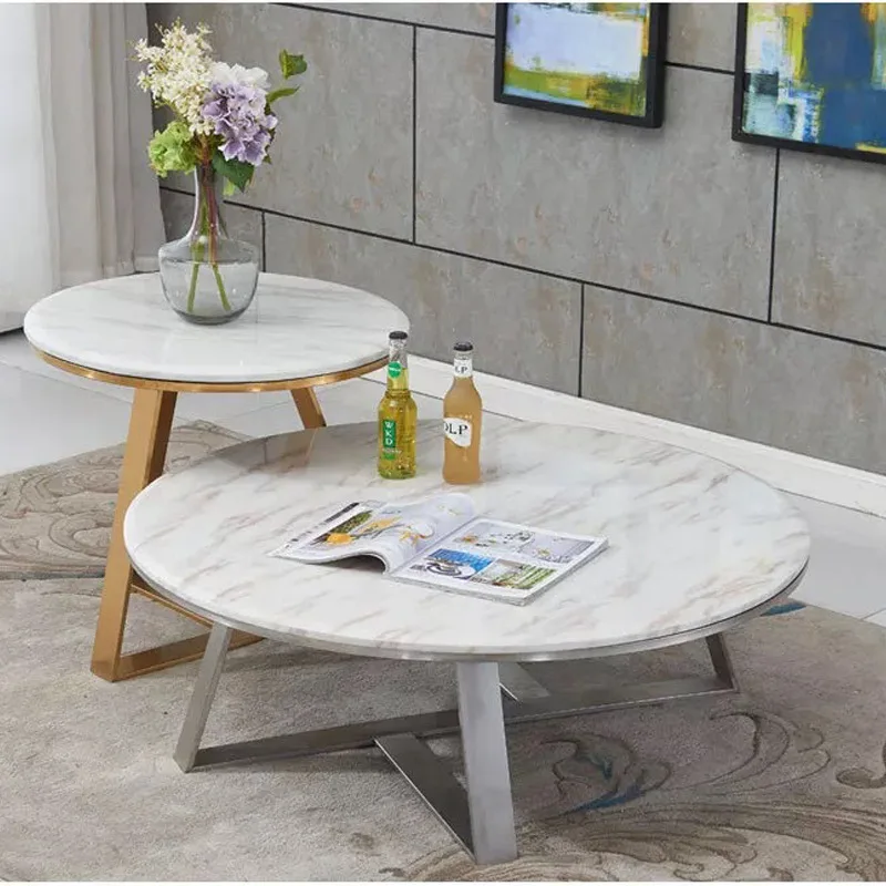 Modern stainless steel artificial marble top round coffee table titanium plated living room sofa center table