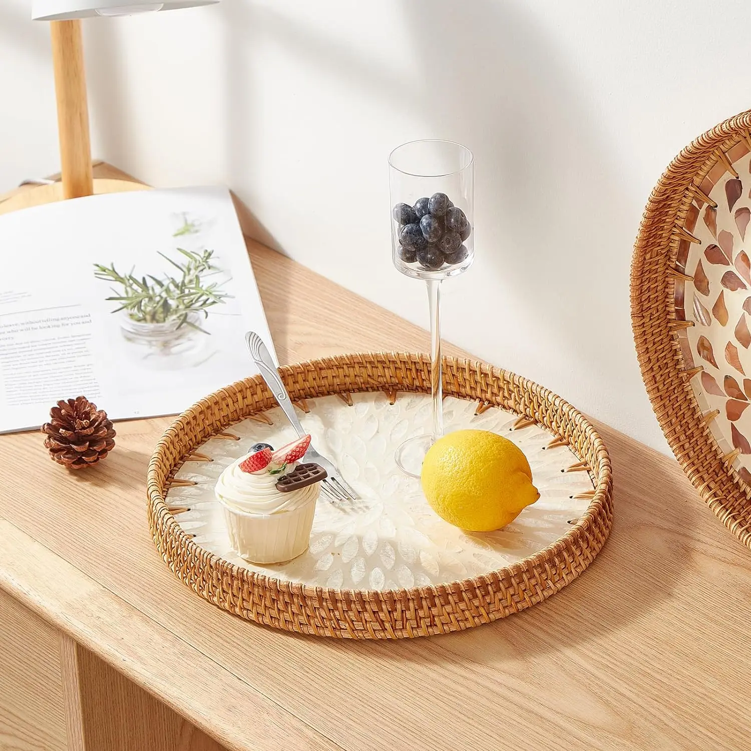 Round Rattan Tray with Mother of Pearl Inlay Rattan Serving Tray Wooden Base Storage and Display of Coffee Bread Food Fruit