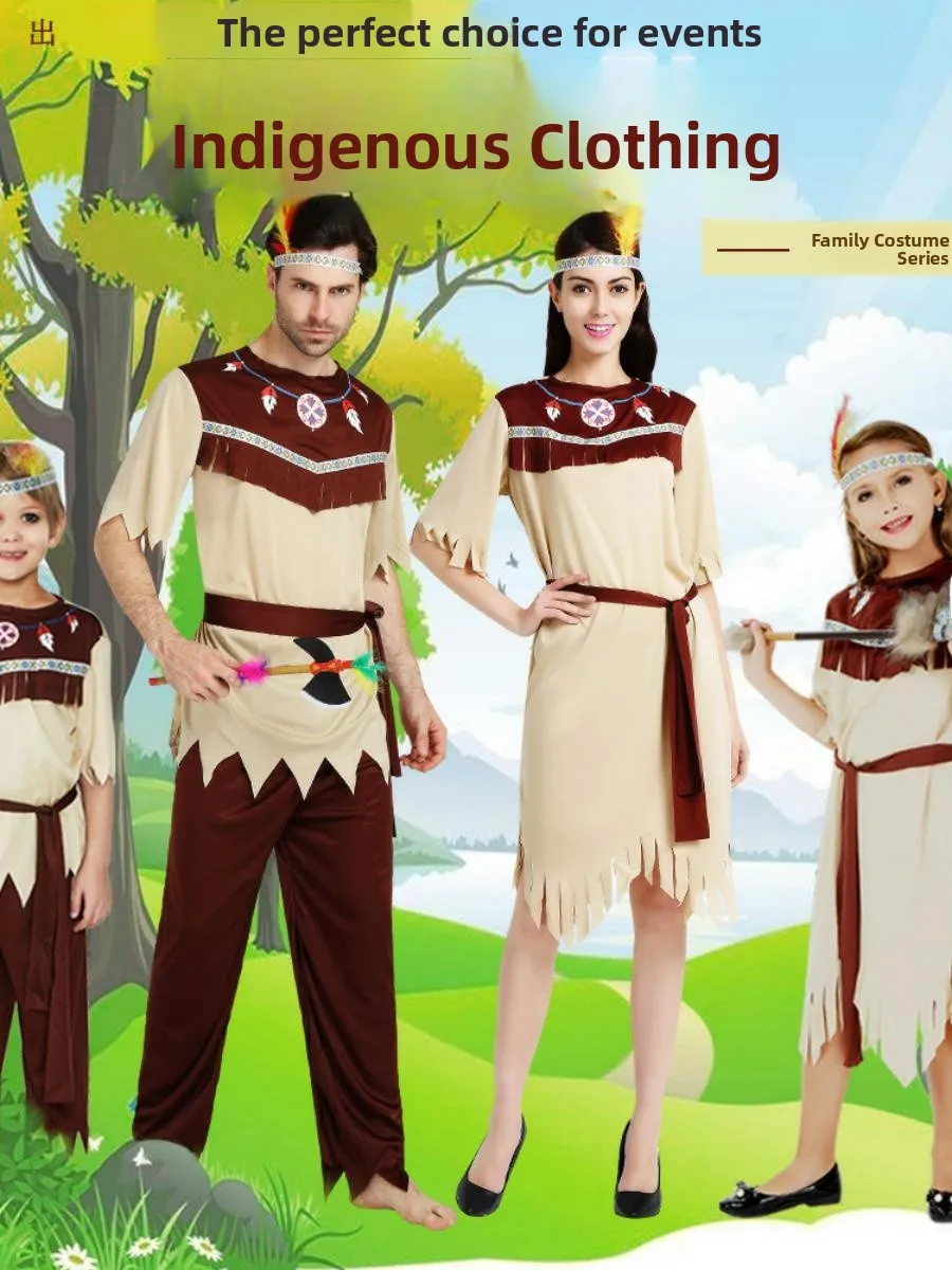 loween Indian Costume ey White Indigus Wild Man Clothing eup Dance Performance for Men And Women Ethnic Stage Costume