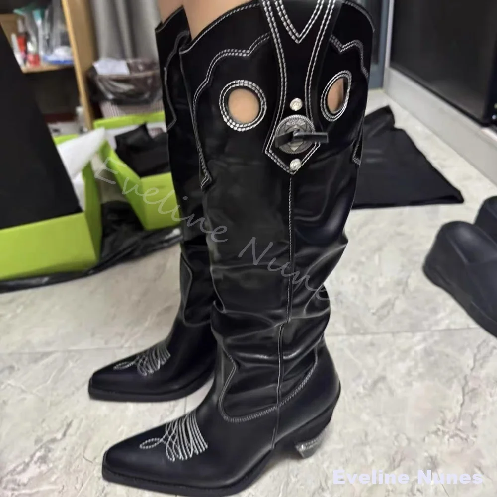 Women Black Knee High Cowboy Boots Cutout Hollow Strap Buckle Embroidery Pointed Toe Western Stacked Heel Tall Boots Party Shoes