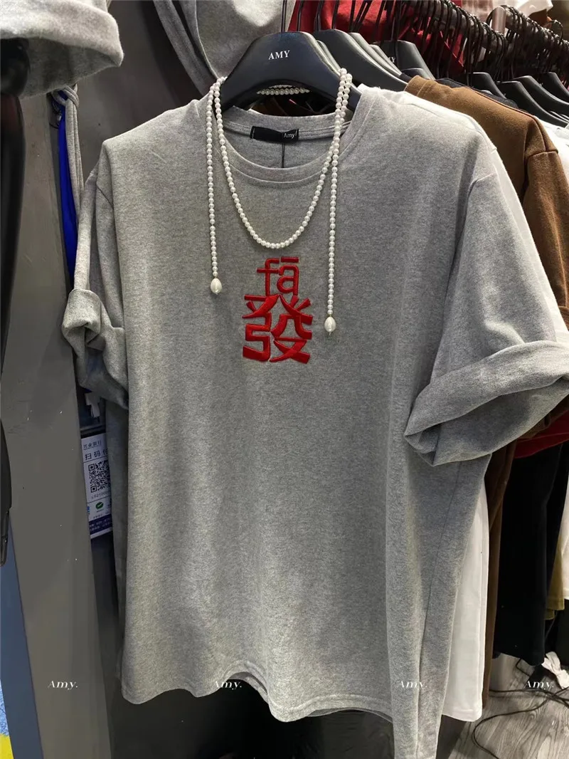 

Retro American Style round Neck Short Sleeve Embroidered T-Shirt Women's Ins Fashion Lucky Money Loose Fit Large Size Top