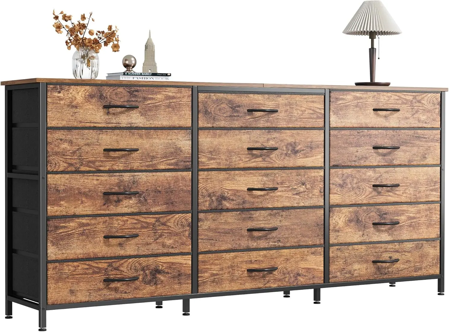 63-Inch Rustic Brown TV Stand with 15 Fabric Drawers, Wooden Top Media Console for Bedroom or Entryway