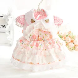 Spring and Summer Thin Cat Princess Dress, Cream Blossom, Traction Small Dog, Teddy Pet Clothes
