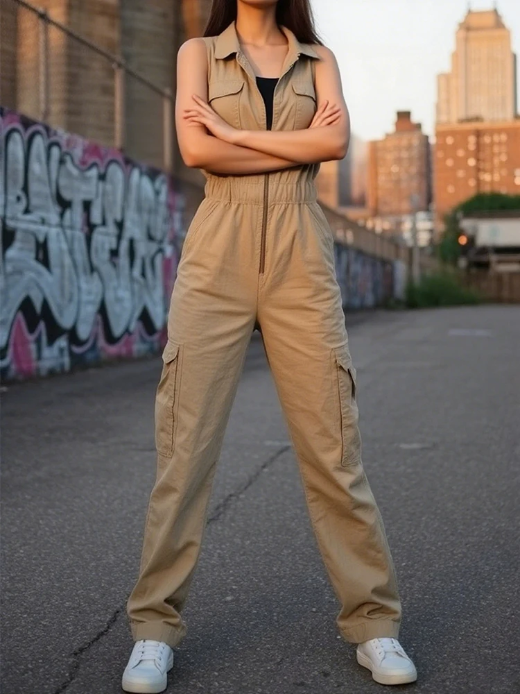 

Street style cool girl workwear with multiple pockets zipper V-neck waist cinching 2026 new fashionable casual jumpsuit
