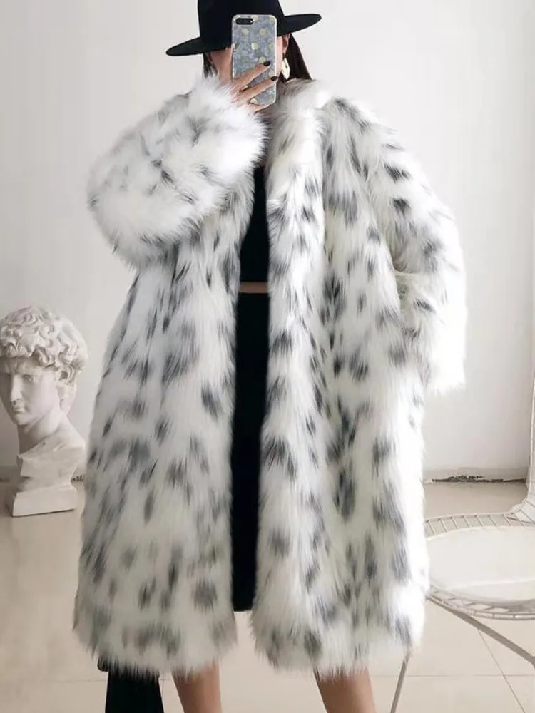 ZMEENNA Stylish Women's White Faux Fur Long Coat With Black Spot Print Warm Winter Outerwear Trendy Oversized Jacket ZM3514