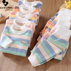 New 2023 Autumn Winter Kids Pajamas Baby Boys Girls Striped Thicken High Waist Warm Clothing Sets Toddler Pyjamas Sleepwear