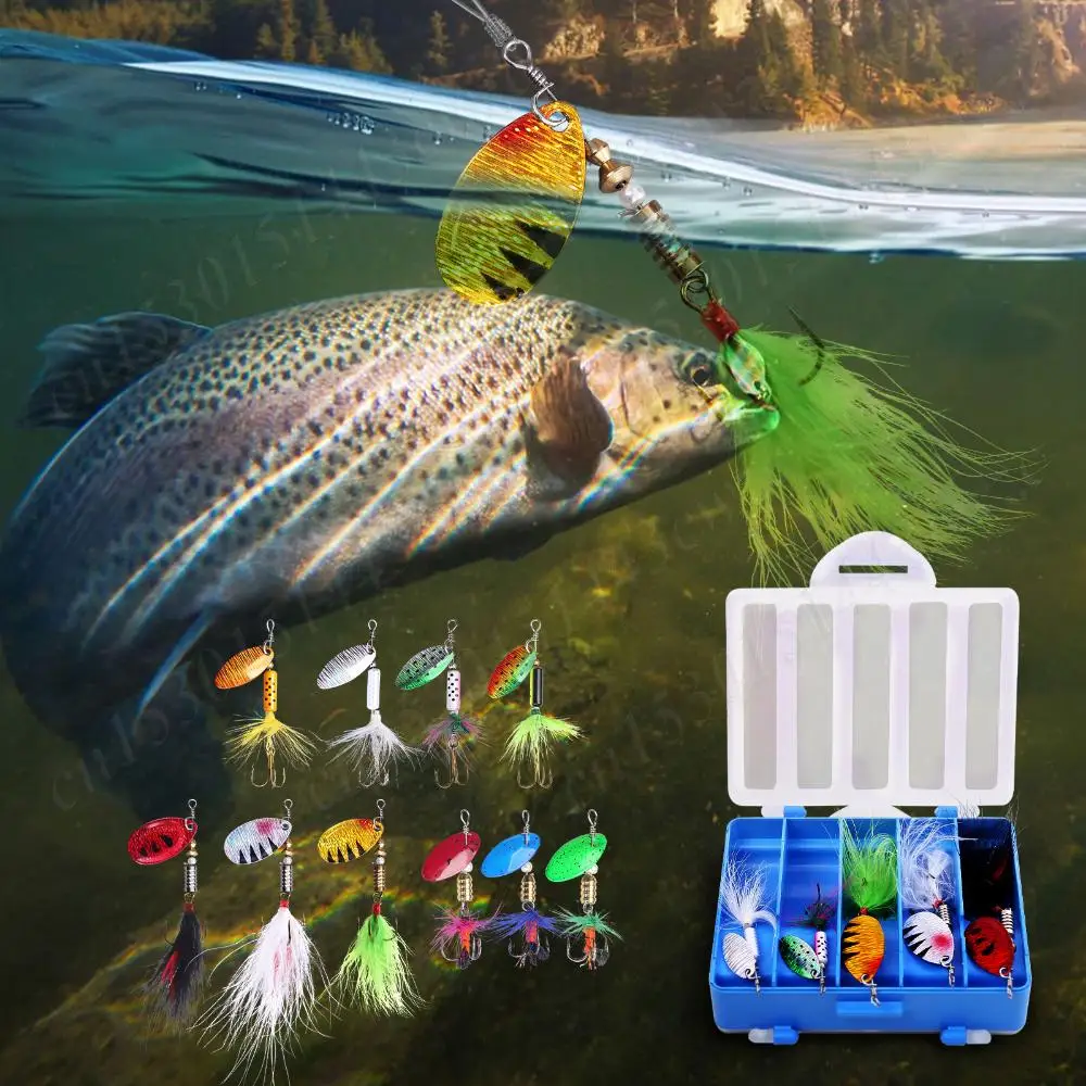 10個入り釣りルアーキット、タックルボックス付き、フック、メタルスピナーベイトキット、淡水・海水用、バス、サーモン、トラウト、クラッピー用