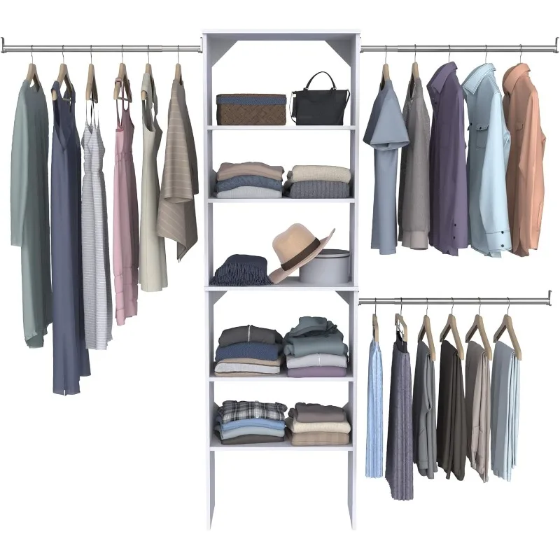 SuiteSymphony Wood Closet Organizer Starter Kit Torre e 3 Hang Rods, Prateleiras ajustáveis, Fits Spaces