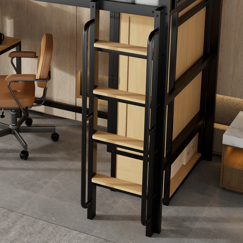 PINGGO Schwarz & Naturfarbenes Eisen-Etagenbett 90x200cm mit Kleiderschrank, Treppe, Schreibtisch, Staufächern, Metall, MDF, ohne Matratze – Detail 18
