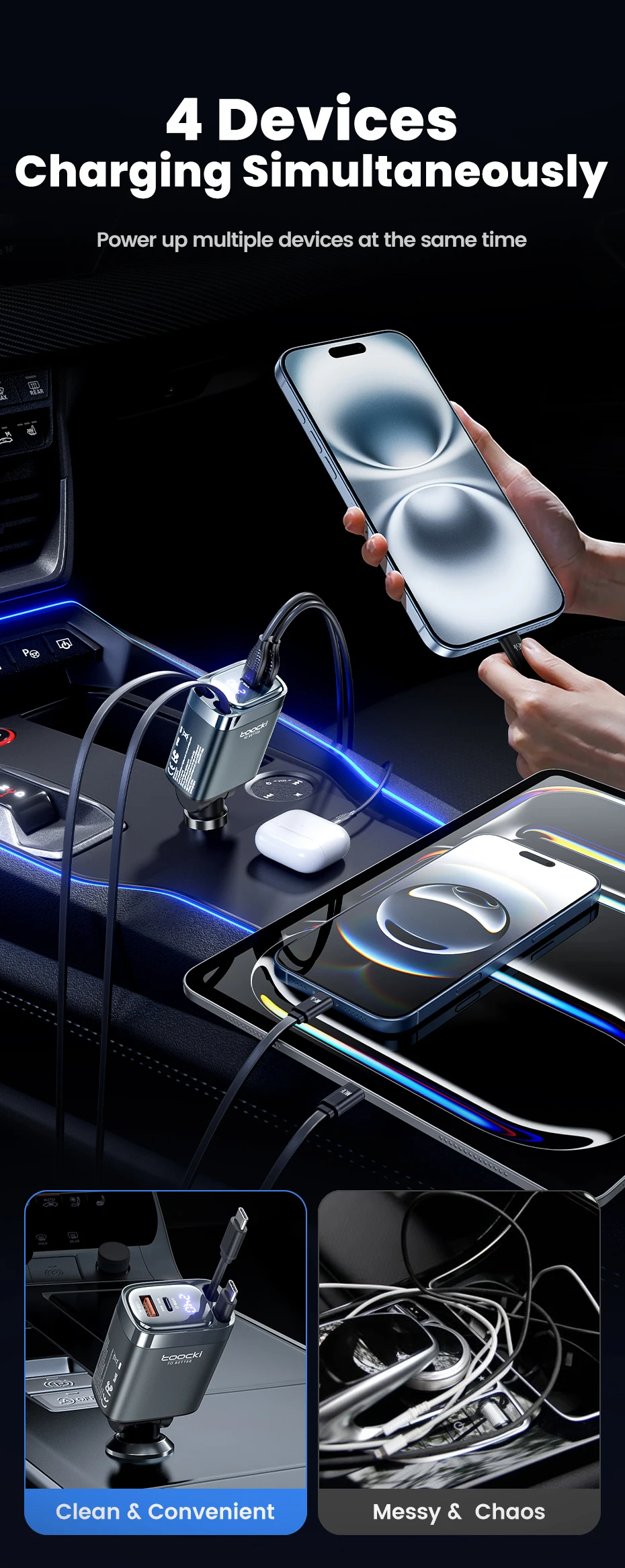 Toocki 4 IN 1 einziehbares Autoladegerät 105 W Handy-Ladegerät Typ C-Kabel für iPhone 16 15 Schnellladekabel Zigarettenadapter – Detail 5
