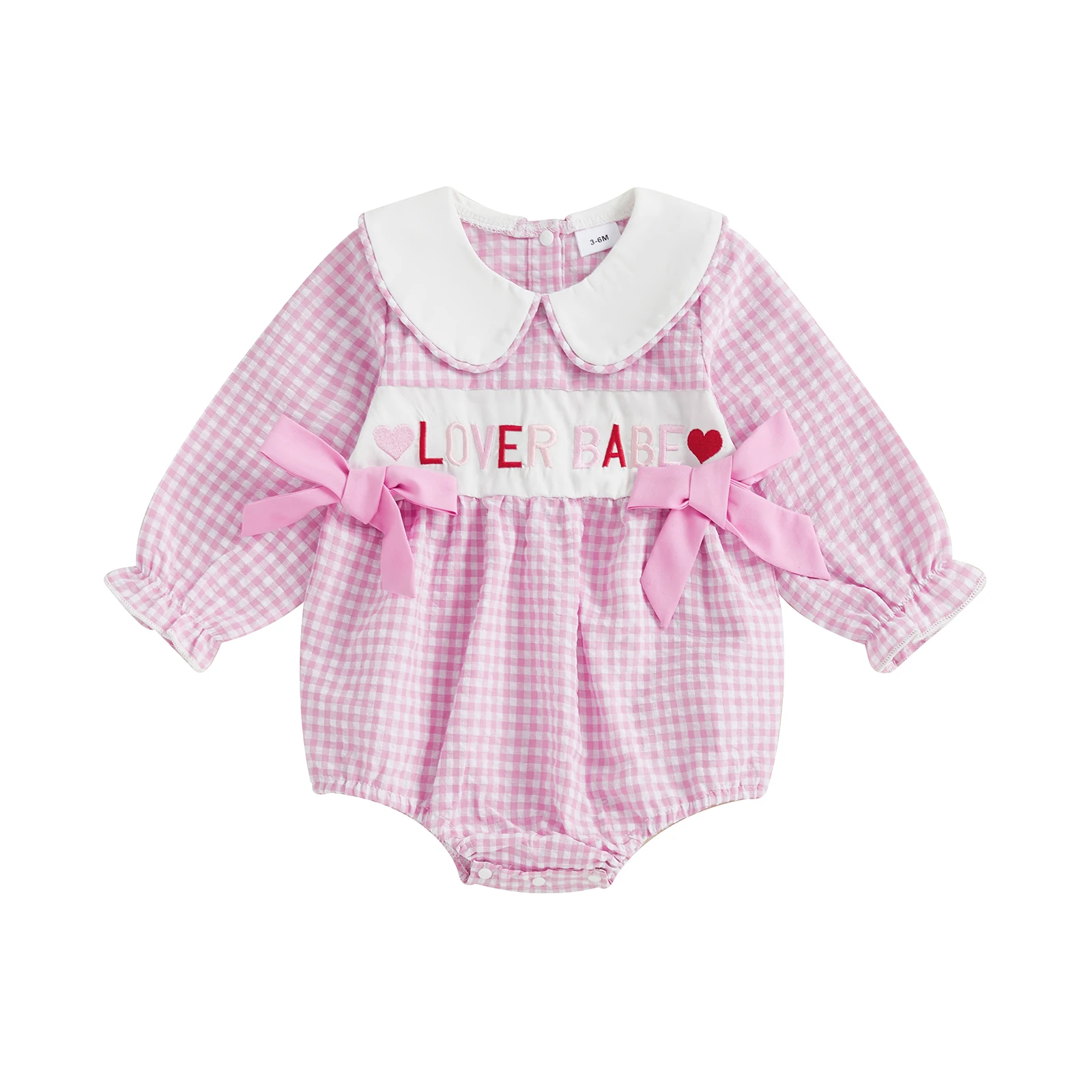 

Sweetheart Valentine s Day Romper with Heart Embroidery and Ruffle Collar Long Sleeve Jumpsuit with Bow Detail for Baby Girl