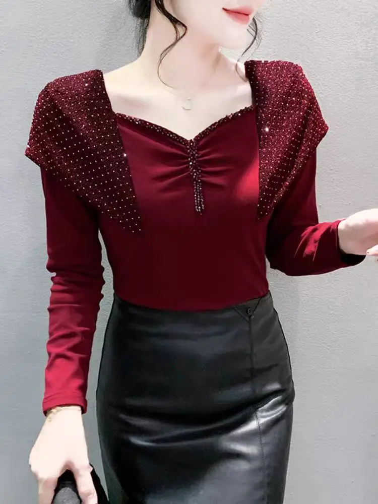 Apring Autumn Fashion T-shirt Women Patchwork Beading Shoulders Square Collar Cotton T Shirts Female Top