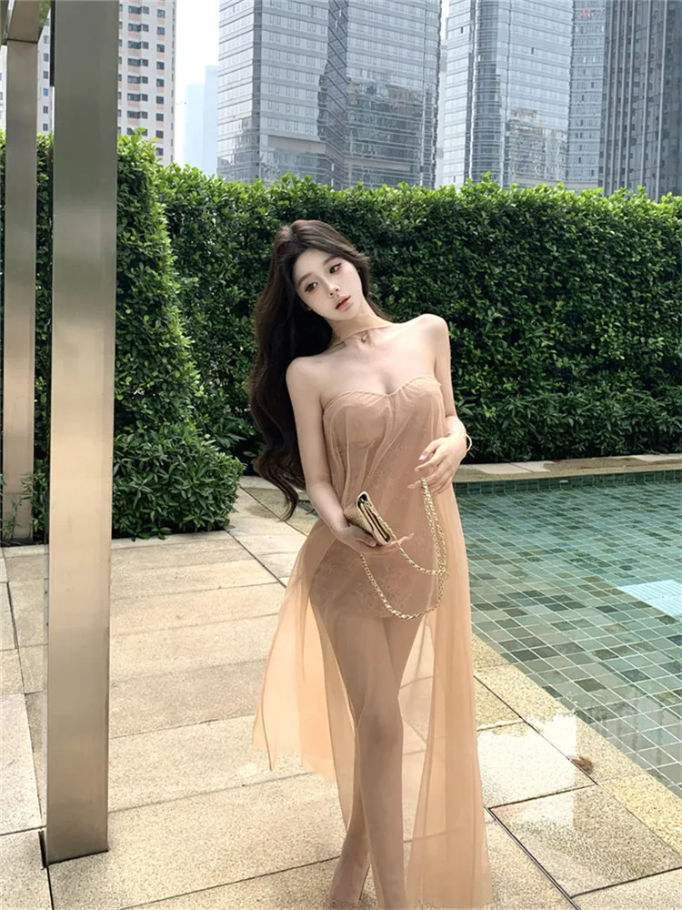 Seksowna Letnia Sukienka Bez Ramiączek w Kolorze Jasnej Kawy z Siateczki, Bez Rękawów, z Dekoltem typu Hiszpanka, Prześwitująca, Idealna na Wakacje nad Morzem, Plażowa, Długa Sukienka w Stylu Wróżki, Szata