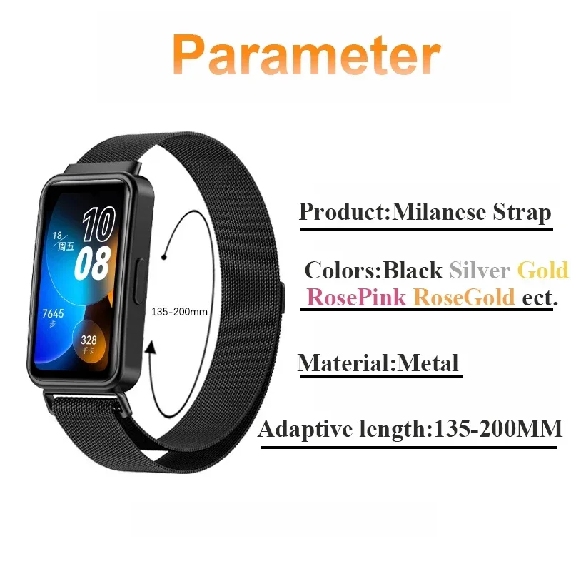 Bracelet en métal pour Huawei Band 8 9, avec boîtier en TPU, protecteur d'écran, Film souple de remplacement, boucle magnétique milanaise