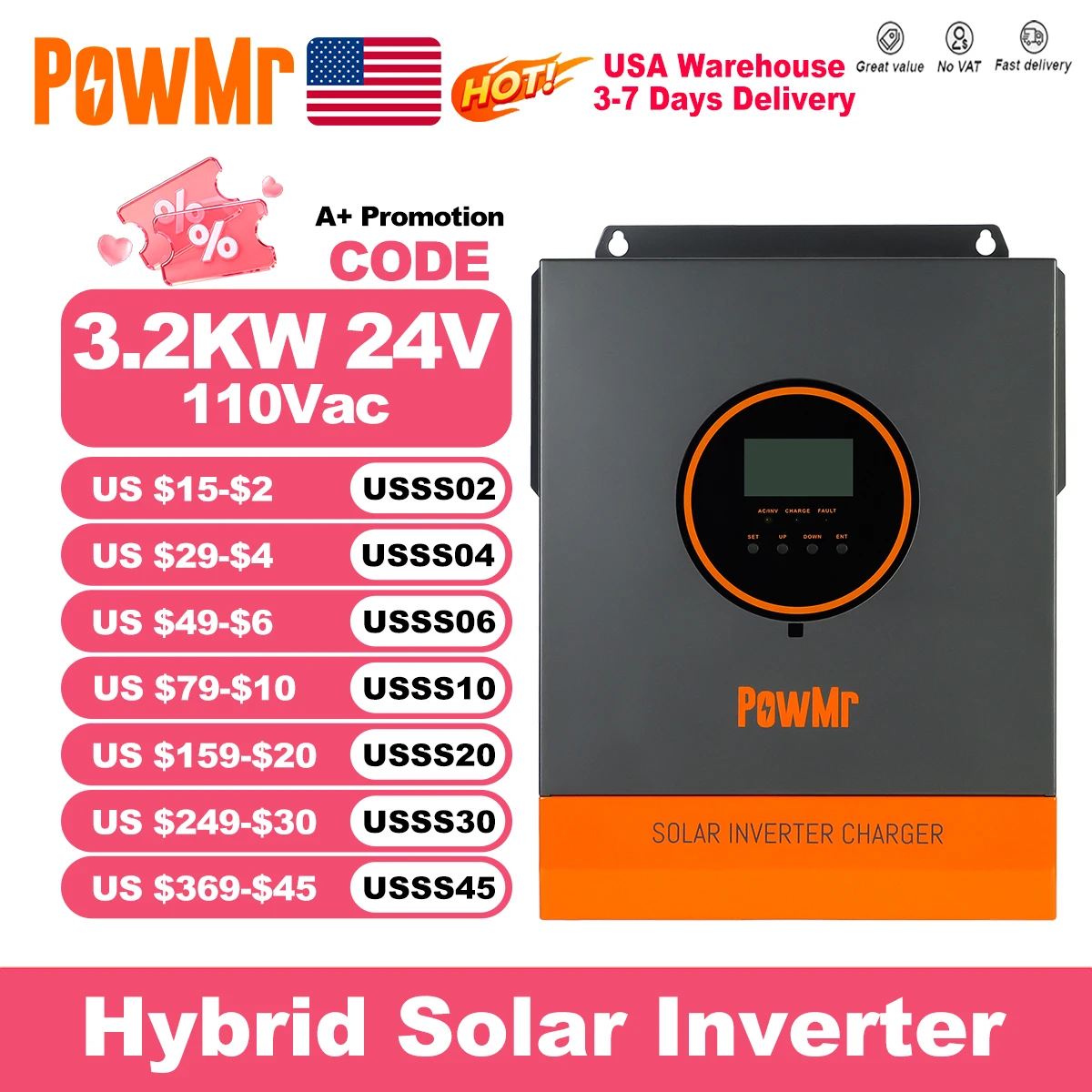 

Гибридные солнечные инверторы PowMr USA 3.2 кВт 24В 110В переменного тока с чистой синусоидой, контроллер MPPT 100А для литиевых аккумуляторов PV 30В-108В с Wi-Fi