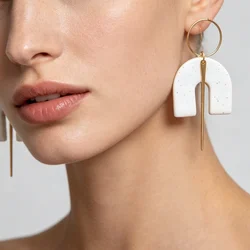 Elegant Women's Jewelry Set - Simple Slim Angle Dangle Brass Ring with Needle Polymer Clay Earrings in Pale Multi Colors Spring
