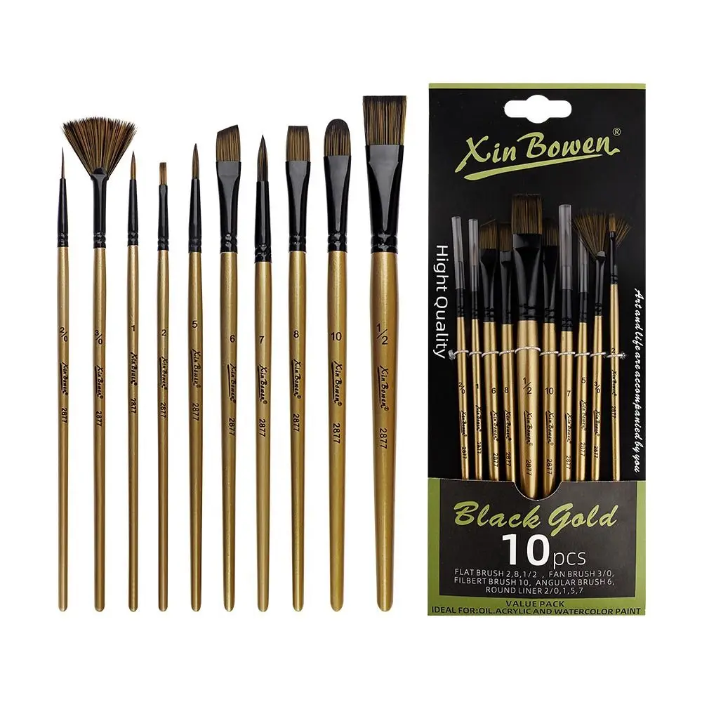 10Pcs Portable Wood Rod Watercolor Paint Brush Round, Filbert, Flat, Fan, Angular Nylon Bristles Brush Art Drawing Brush Gouache