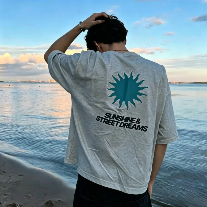 2026 Men Black Sun Graphic T Shirt Back Print O-neck Short Sleeve 