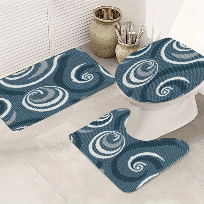 

Blue Wave Bath Set Three Piece Mat Toilet Lid Cover and U Shaped Rug Soft Flannel Non Slip for Modern Minimalist Bathroom Decor