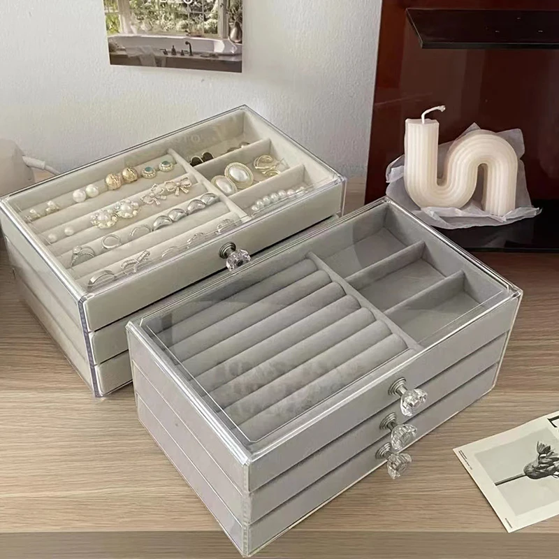 High-capacity Transparent Three-layer Flannel Jewelry Box Drawer Jewelry Box Earring Necklace Ring Dustproof Display Storage Box