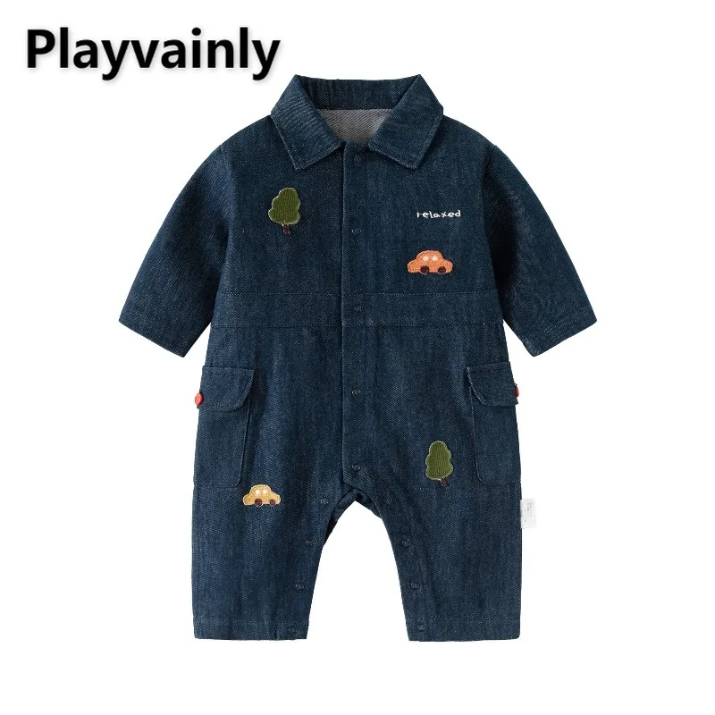

New Spring Autumn Baby Unisex Jumpsuit Cute Cartoon Turn-down Collar Single Breasted Denim Romper Toddler Birthday Clothes A0609