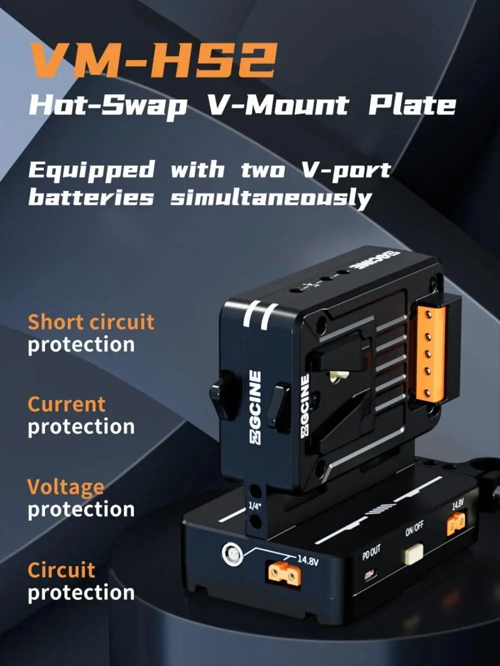 ZGCINE VM-HS2 Hot Swap Shark Fin Dual V-Mount Battery Plate USB-C PD 100W D-Tap 2-Pin for Camera Monitor Filmmaking Video Rig