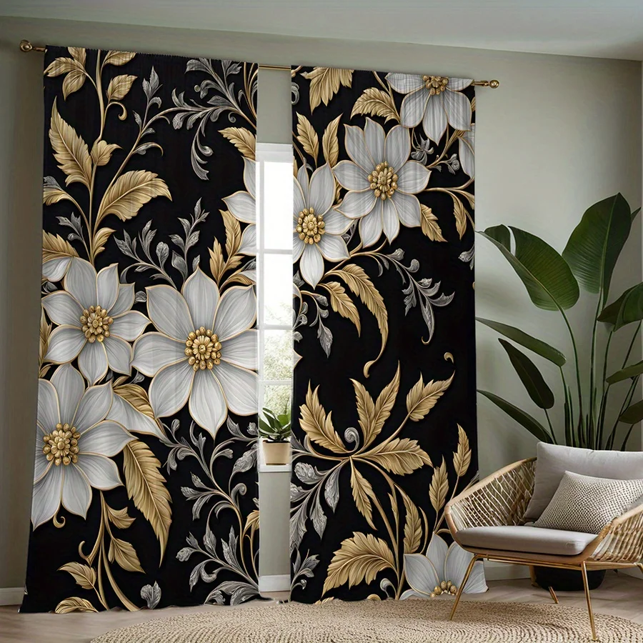 Black Background White Golden Flower Leaf Blackout Rod Pocket Curtain Luxury Gilded Floral Decor Elegant Homestay Living Room