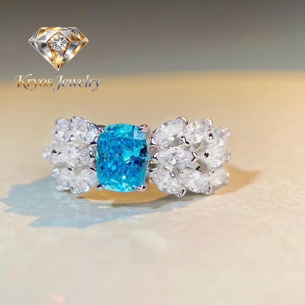 Kryos Jewelry Luxury white gold solid platinum PT950 Aquamarine Ring Women's Moissanite Ice Flower Cut Butterfly Wings Ring