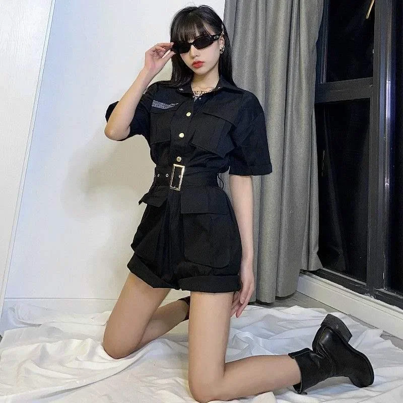 Rompers Women Summer Solid Belt Cool Girls High Waist Streetwear Harajuku Chic Classic Hot Sale Popular Fashion Macacão Feminino