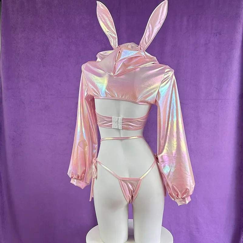 Adult Underwear Costume Pink Bunny Lingerie Set Women Hoodie Heart Cut Out Bra Thong 3Pcs Cosplay Outfit Sexy Club Party Costume view 6