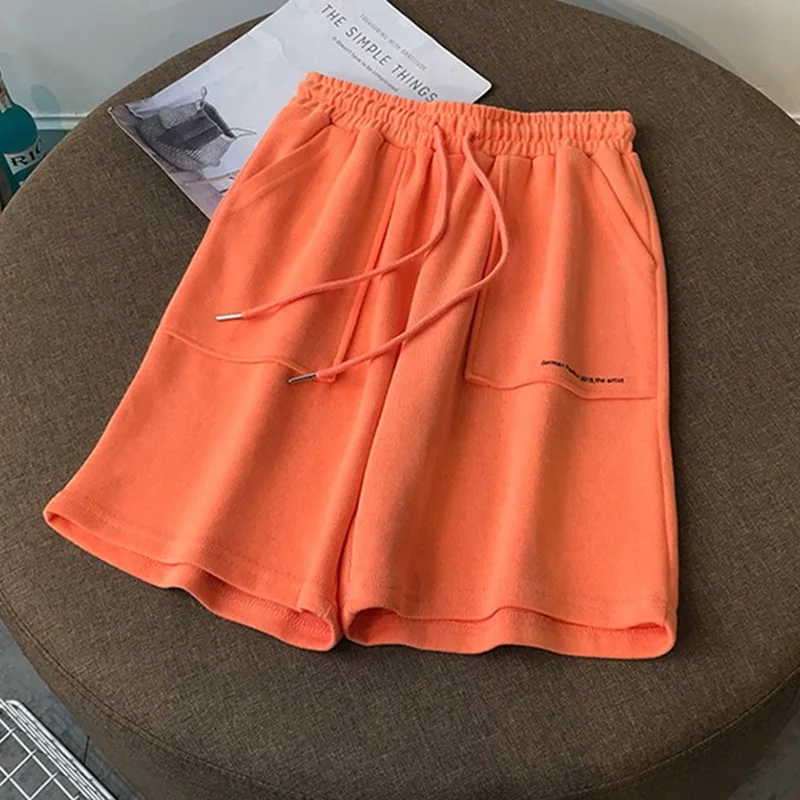 2024 New Women Summer Fashion Orange Red Sports Shorts Lady Comfortable Baggy Wide Leg Slacks Female Leisure High Waisted Pants