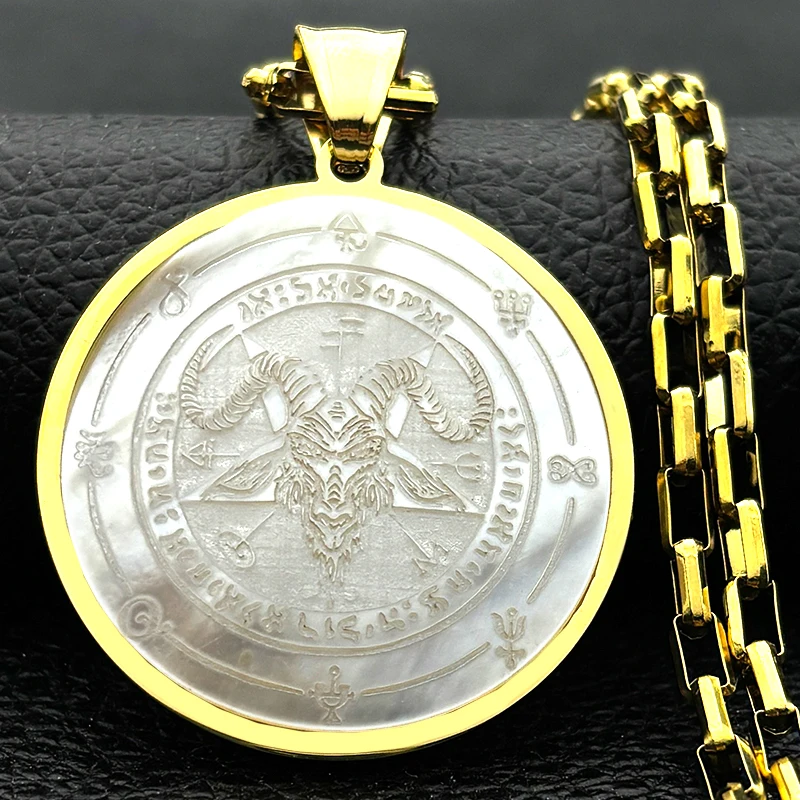 Hexerei Goth Baphomet die sabbatische Ziege Satan Pentagramm Halsketten für Frauen Männer Edelstahl hebräische Muschel Anhänger Schmuck – Detail 7