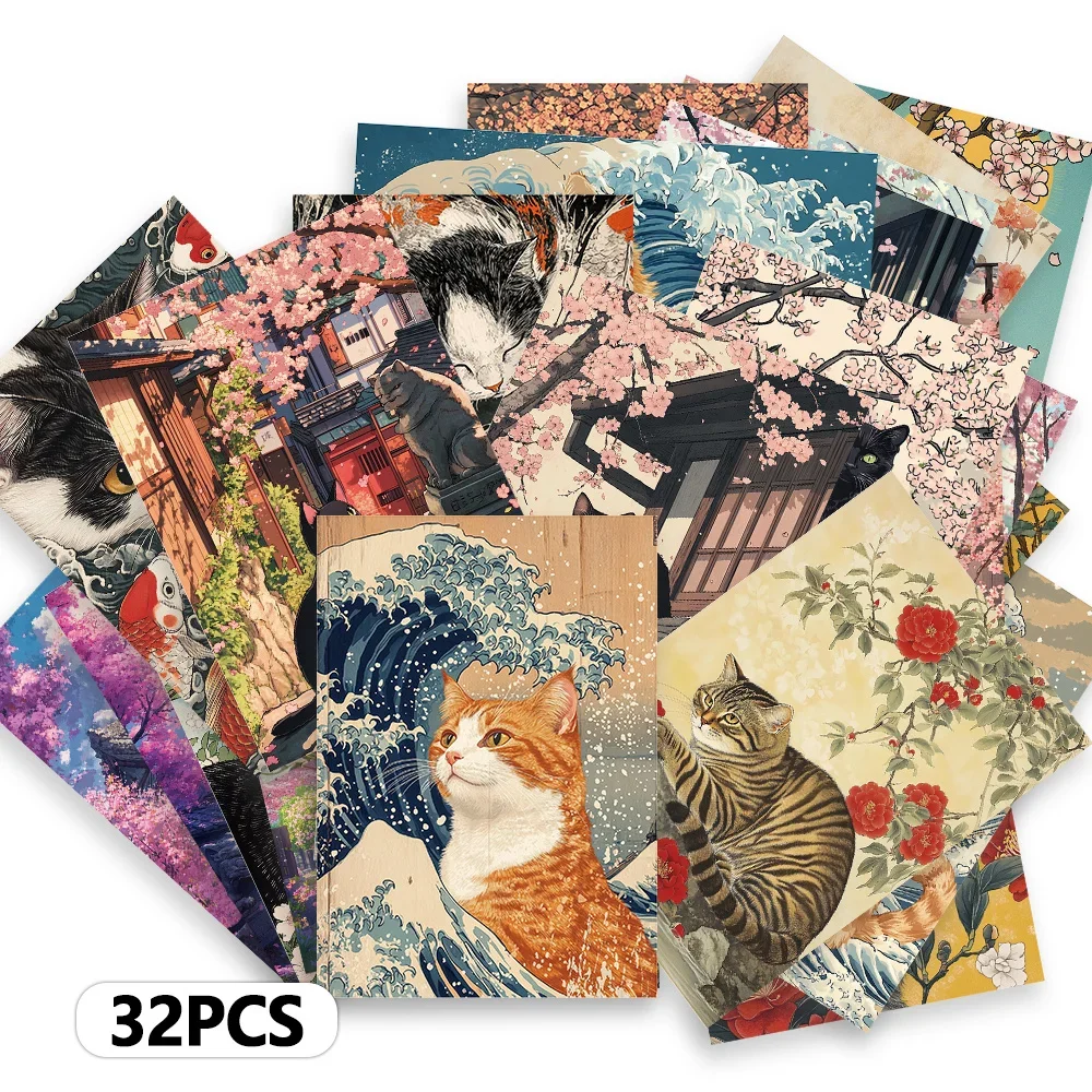 32pcs, Ukiyo-e Cat Postcards, Decoration/Greeting Cards/Postcards, High-Quality Printing, Collectible and Sendable