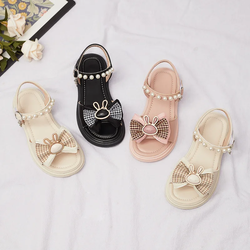 Girls Princess Sandals with Bowtie Breatheable Kids Leather Shoes for Party Wedding Bunny Open-toe Children Summer Beach Shoes