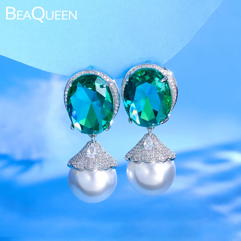 

BeaQueen, роскошный зеленый большой эллипс, кубический цирконий, микро-ПАВЕ, длинное искусственное украшение для женщин, танцующее искусственное украшение, подарок E689