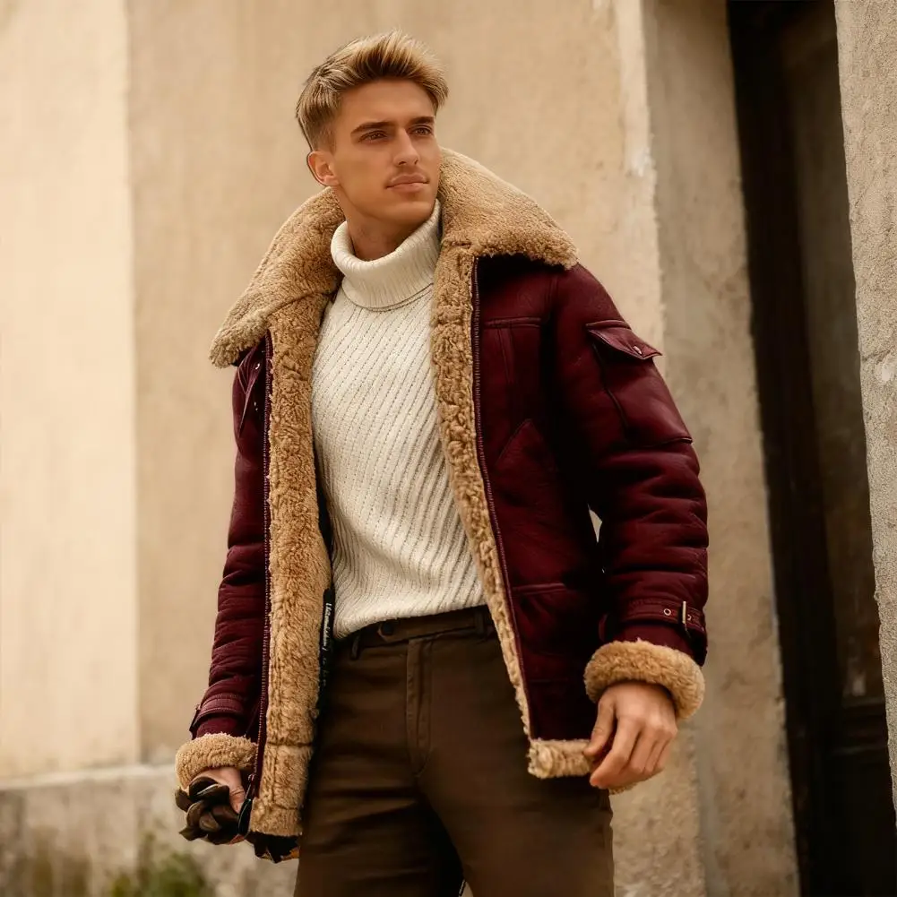 Men Coat Lapel Long Sleeve Solid Color Velvet Lining Jacket with Multi Pockets Design Zipper Closure Casual Outerwear