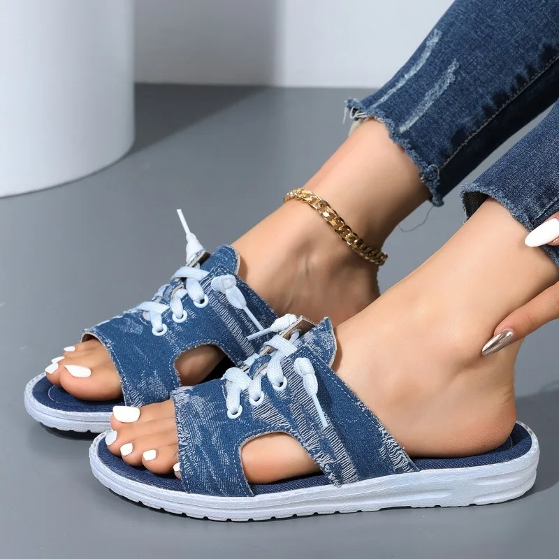 2024 Fashion Women\'s Canvas Sandals Light Breathable Summer Slippers Lace Up Open Toe Ladies Blue Denim Flat Shoes Zapatos Mujer