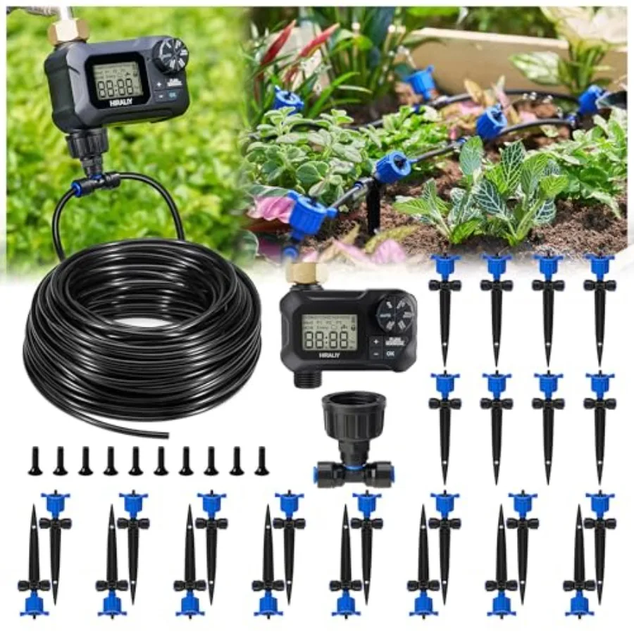 

Garden patio raised bed drip irrigation system: pressure-compensated 100ft black polyethylene tubing with timer no-leak quick c