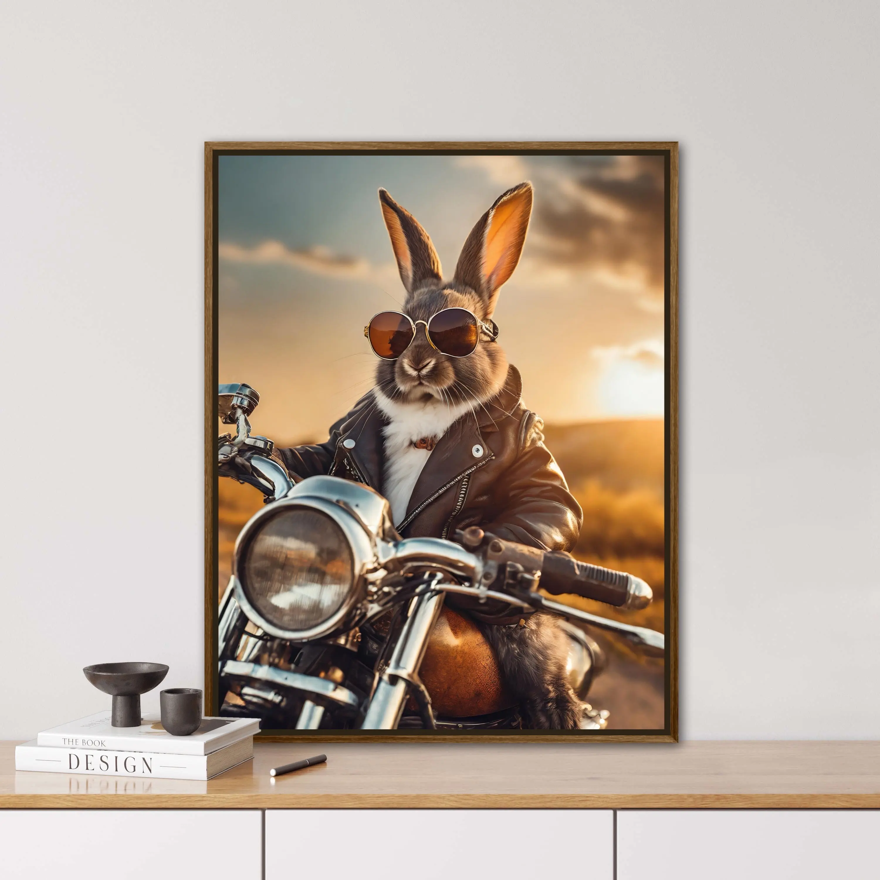 Lion Frog Panda Poodle Rabbit In Leather Jacket Motorcycl Sunset Poster Print Wall Art Pictures Canvas Painting Room Home Decor