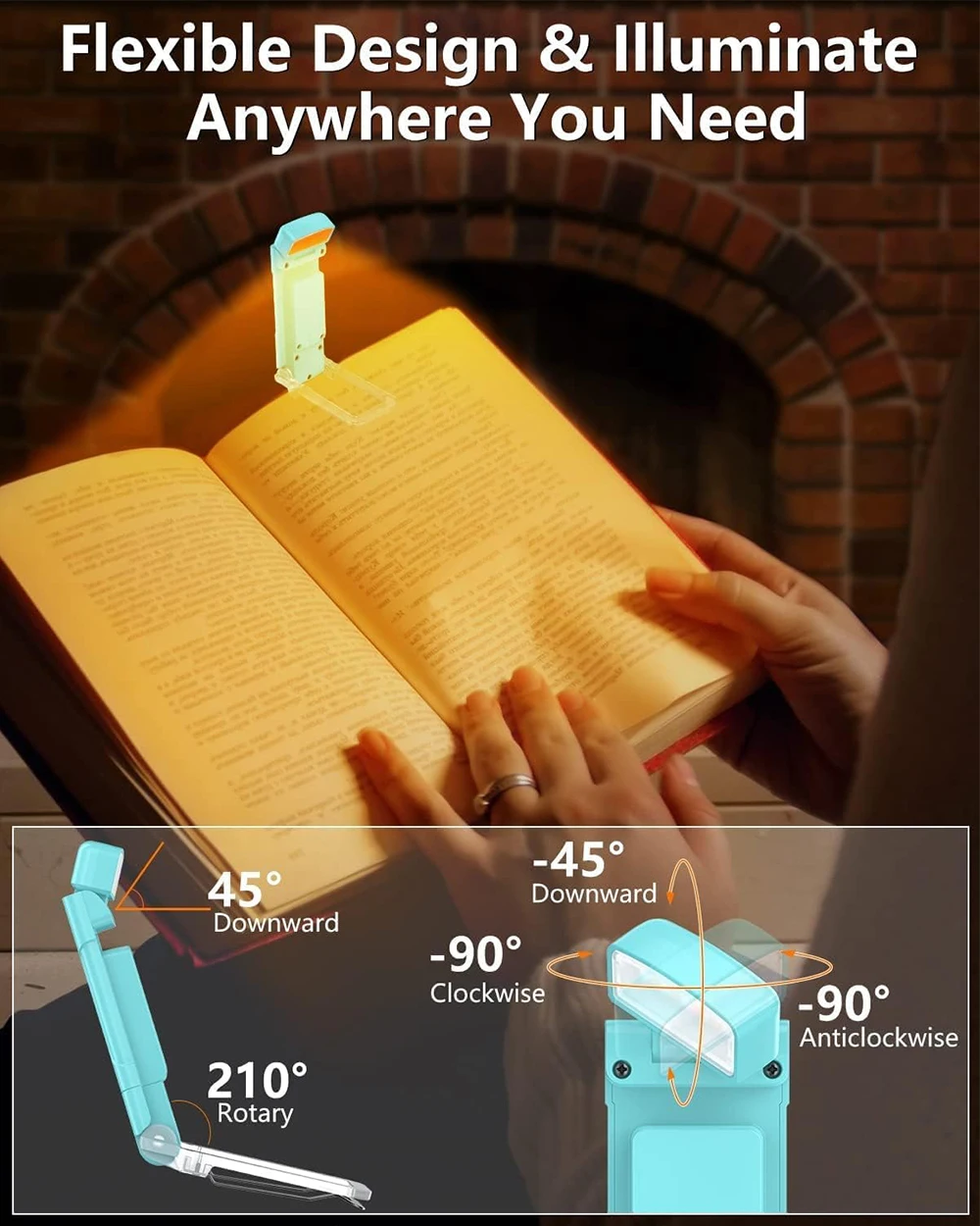 Book Reading Light with Timer Rechargeable Light for Reading in Bed Clip-on Bookmark Lamp 3 Amber Colors 5 Brightness Dimmable
