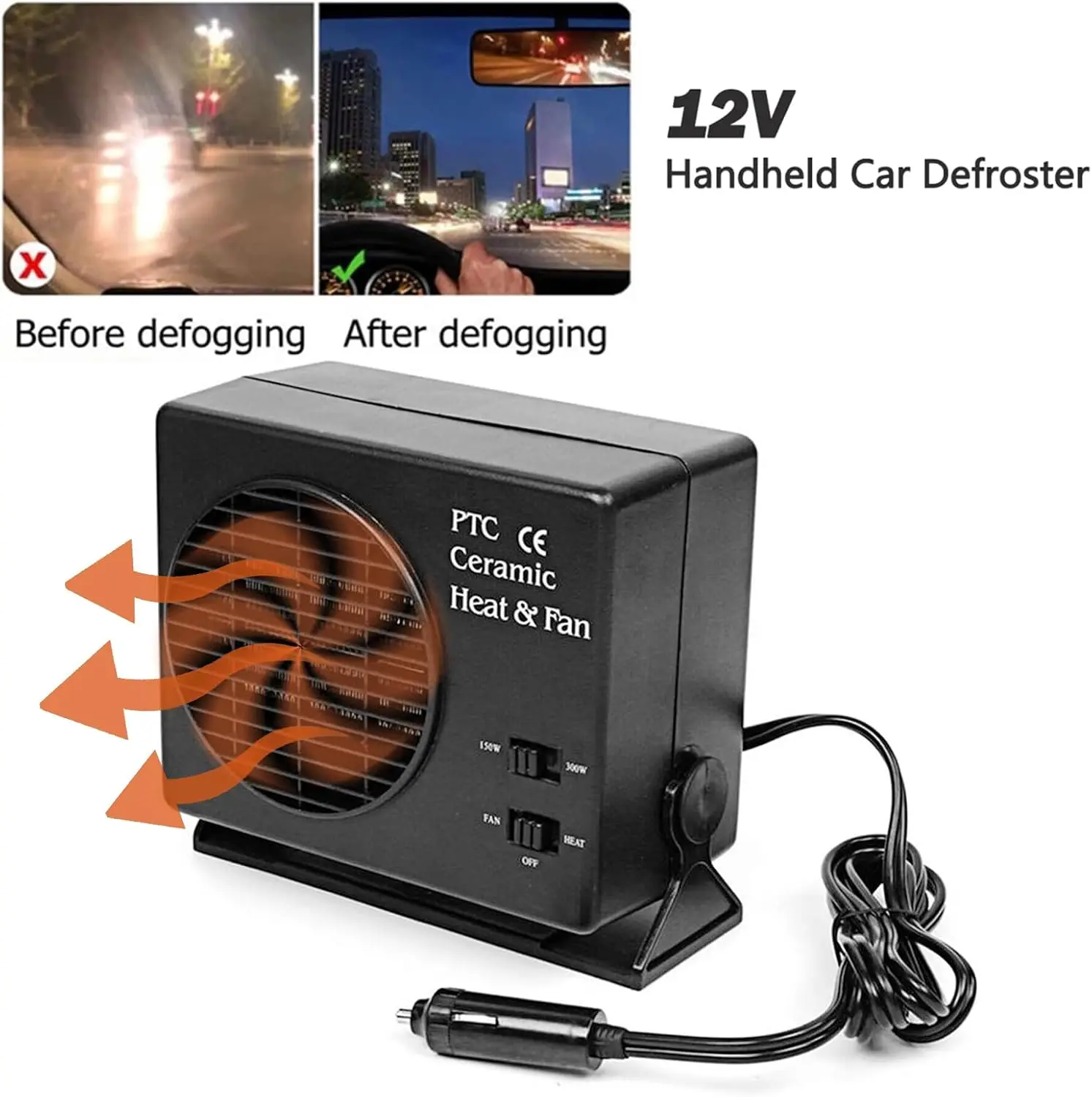 12V 150W300W Car Air Heater 2-In-1 Heating Fan Defroster Car Cooling Fan Car Heater Ceramic Hot Air Fan Durable Car Accessories