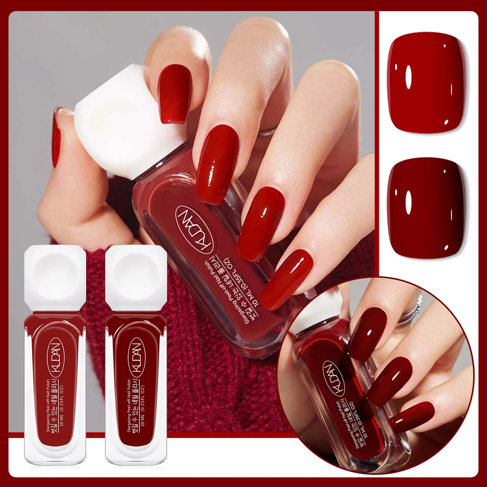 2pcs 10ml Water-Based Peel Off Nail Polish Set Red Pink Long