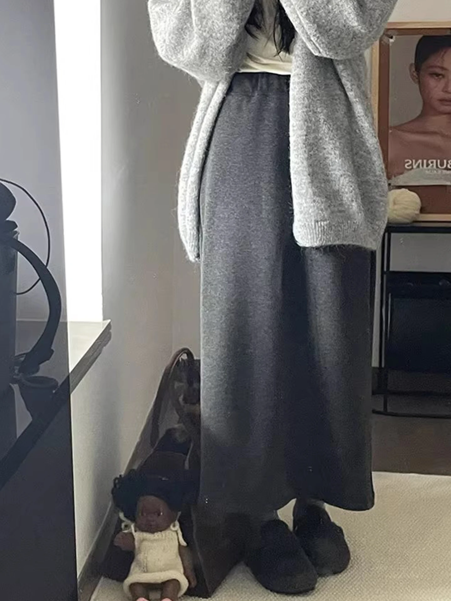 ay Simple Thiened Fce Dstring High Waist Slim Straight Tube Skirt Women's Autumn Winter Versatile Long Skirt