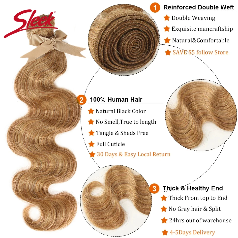 Sleek-mechones de cabello humano Remy Natural, extensiones de cabello brasileño ondulado, color rubio 27, 8 a 26 pulgadas, vendido por 1/3/4