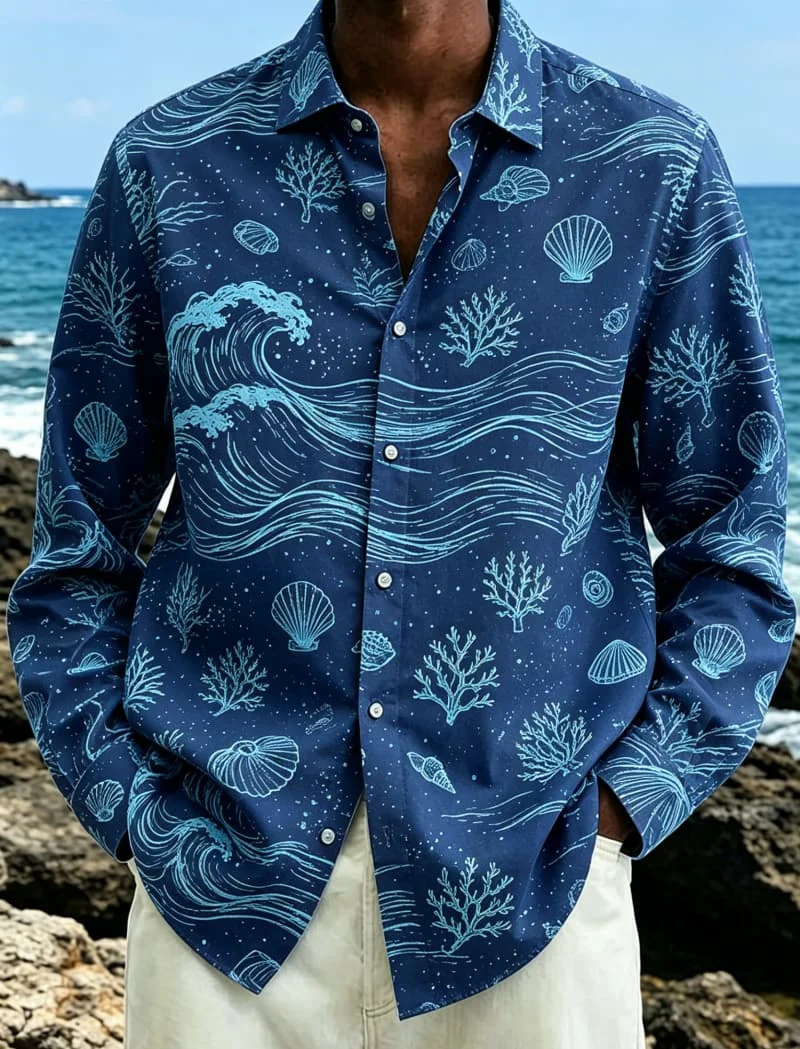 Men's tropical element line drawing printed long sleeved shirt, for beach travel, vacation, and tropical casual style dressing