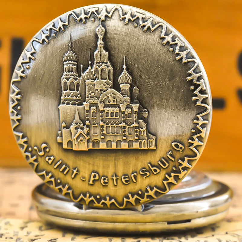 빈티지 청동 Steampunk 상트페테르부르크 조각 된 석영 주머니 시계 목걸이 펜던트 시계 체인 남성 여성 체인 선물